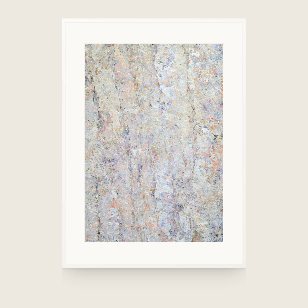 Forestry III — Column. Near-white abstract flecking arranged in vertical columns, with scattered orange and blue marks. Shown framed. Frames and mounts are not included.