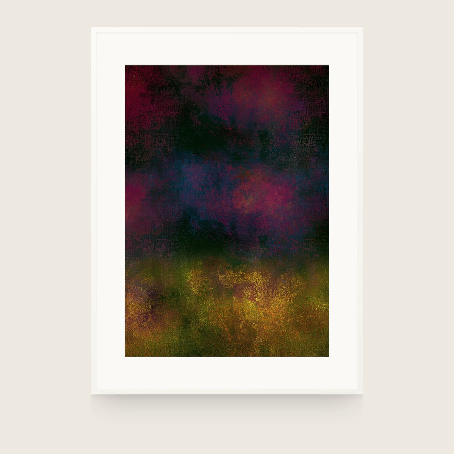 Partitions II — Ember. Dark field of crimson and navy clouds over black, with ochre and olive speckle across the bottom third. Shown framed. Frames and mounts are not included.