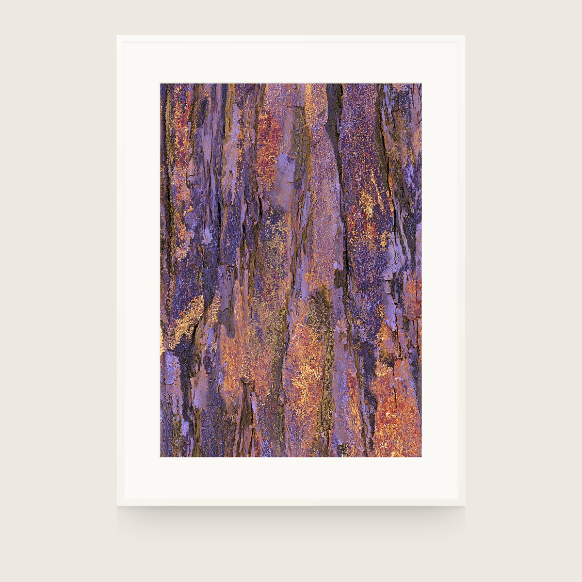 Patina III — Ridge. Vertical ridged columns in violet, orange and gold, running the full height. Shown framed. Frames and mounts are not included.
