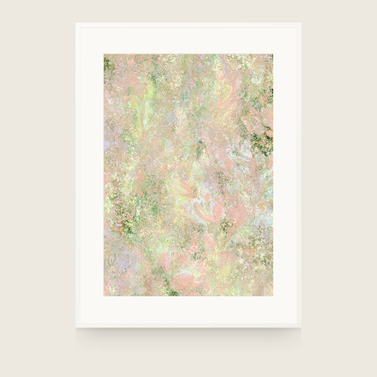 Botanics I — Blossom. Pale abstract in pink and peach with small green marks throughout and a soft swirl at the centre. Shown framed. Frames and mounts are not included.