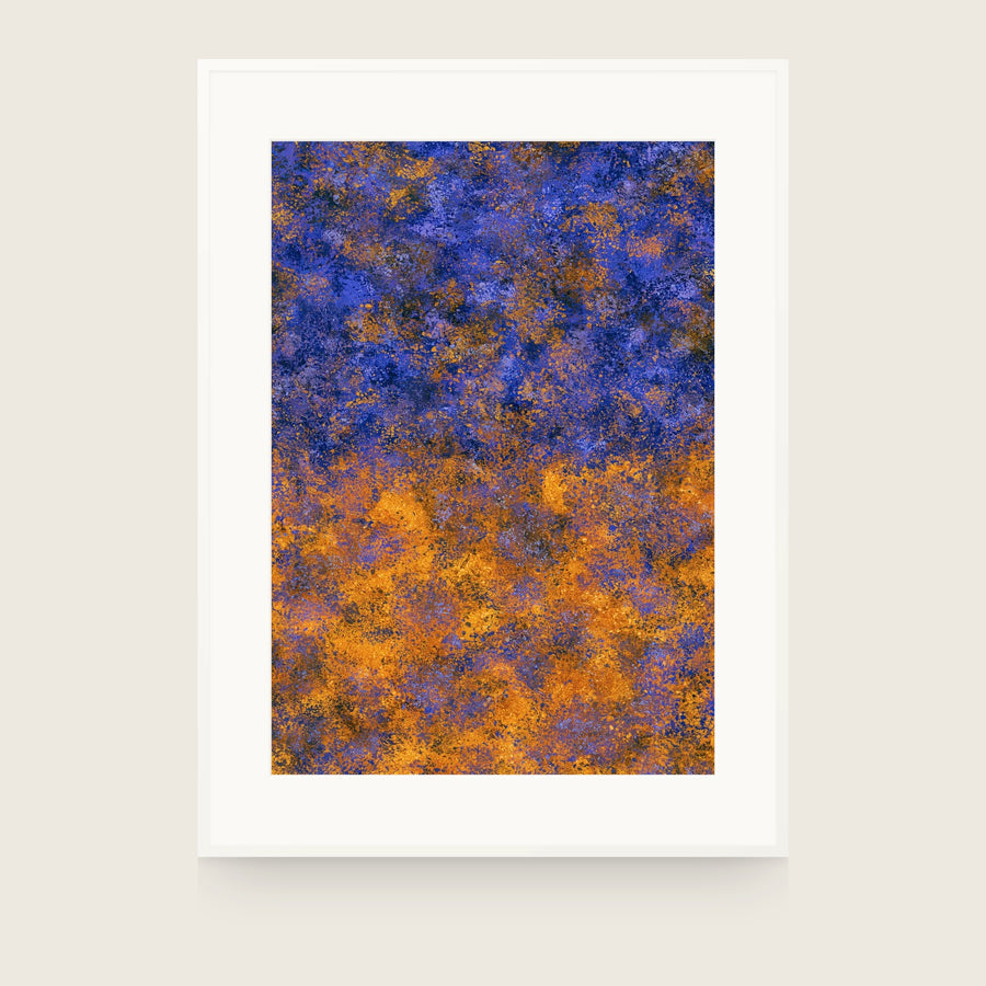 Partitions V — Tide. Fine broken flecks in royal blue over the upper half and orange over the lower half, each colour scattered into the other. Shown framed. Frames and mounts are not included.