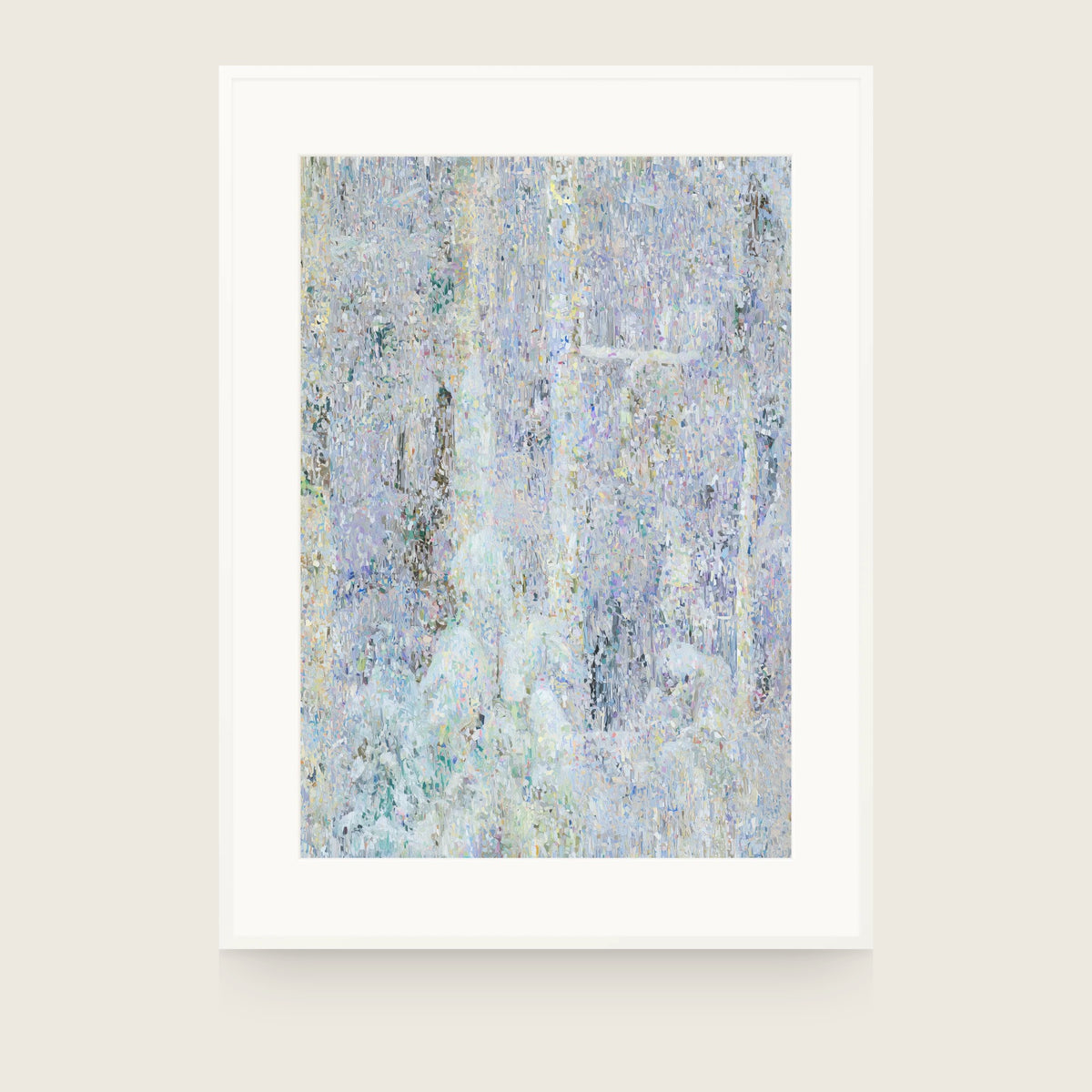 Glacier IV — Glint. Pale field of small vertical flecks in lavender, grey and white, with yellow specks and darker streaks near the left edge. Shown framed. Frames and mounts are not included.