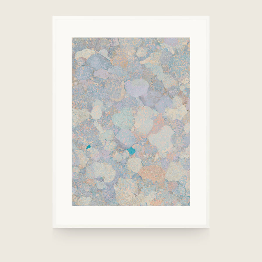 Forestry VIII — Pebble. Rounded overlapping shapes in pale blue, cream and sand, with a single bright teal fleck near the centre. Shown framed. Frames and mounts are not included.