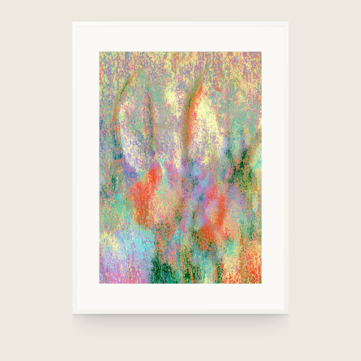 Botanics VIII — Arch. Pale speckled colour in cream, lilac and mint, with two faint arched forms above and orange marks below. Shown framed. Frames and mounts are not included.