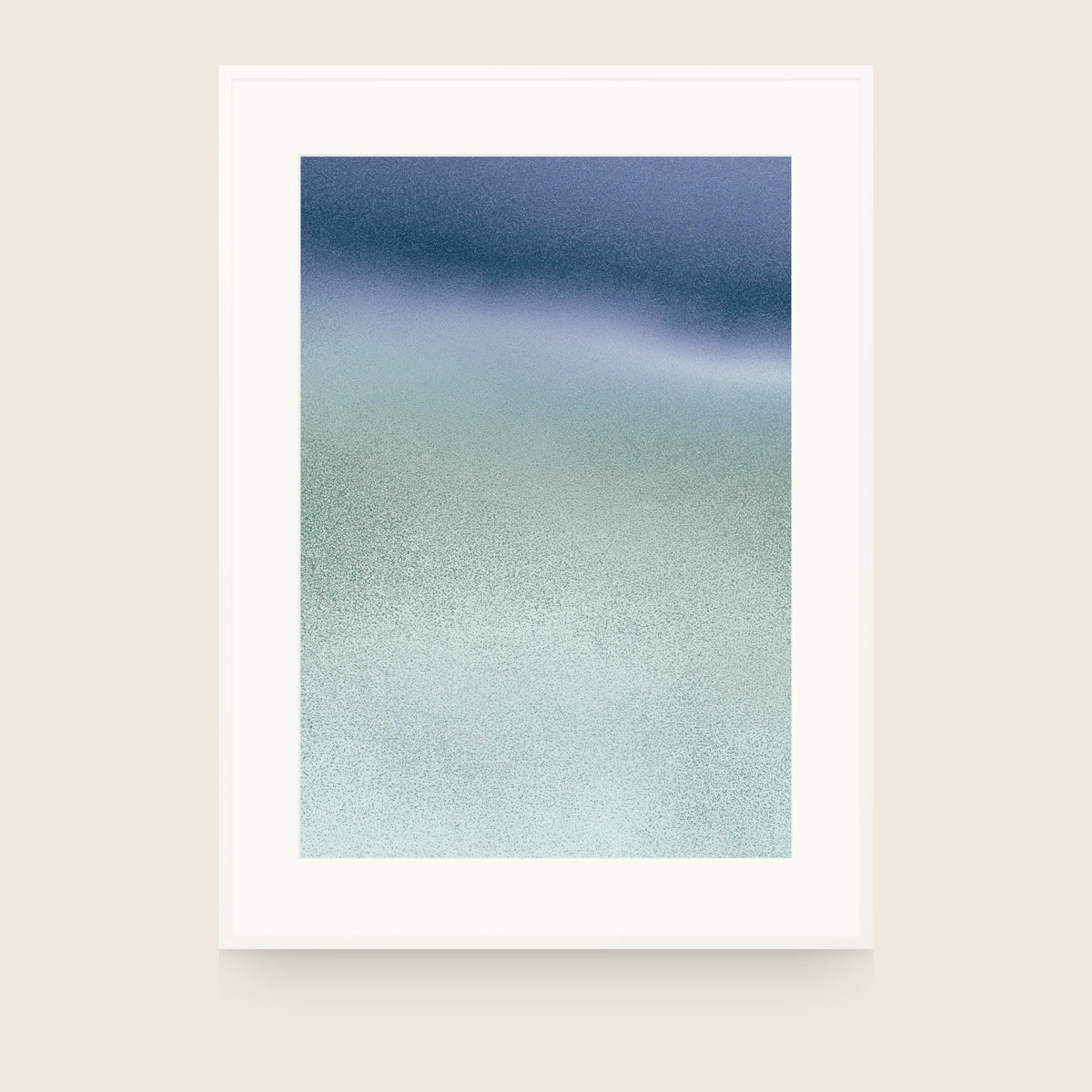 Navy at the top dissolving into pale grey-green speckle, thinning from a dense mesh into separate flecks towards the bottom. Shown framed. Frames and mounts are not included.