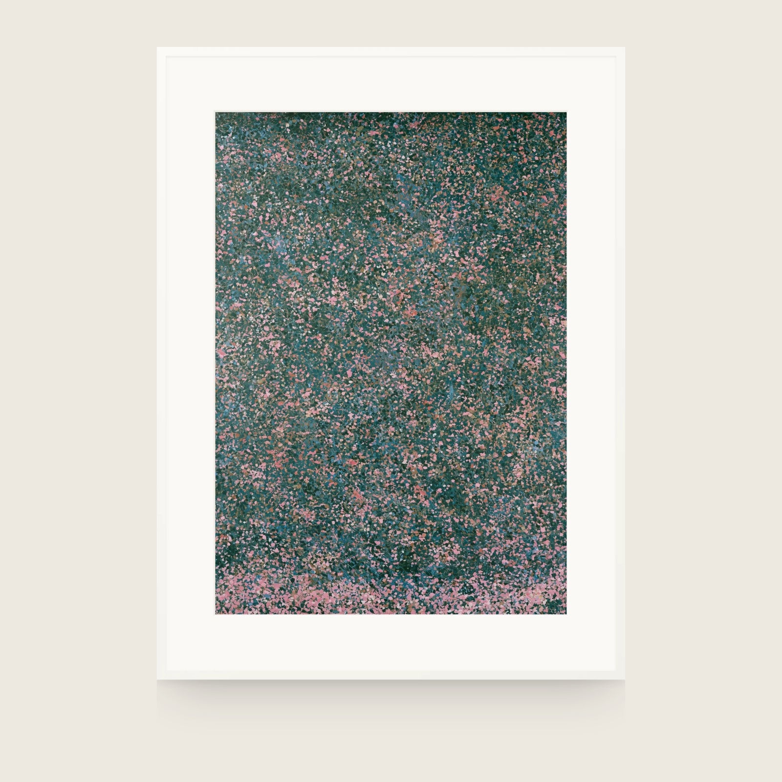 Dense dark green dotted field with pink flecks throughout, densest along the bottom edge. Shown framed. Frames and mounts are not included.