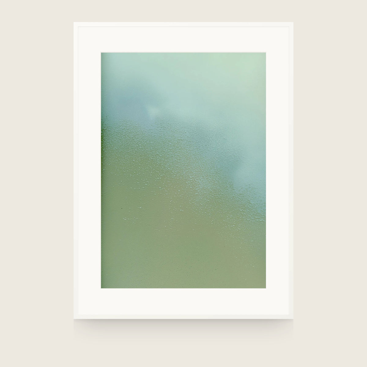 Ceramics XIV — Pool. Soft gradient from olive green at the base to pale blue-grey at the top, with fine pitting across the lower part. Shown framed. Frames and mounts are not included.