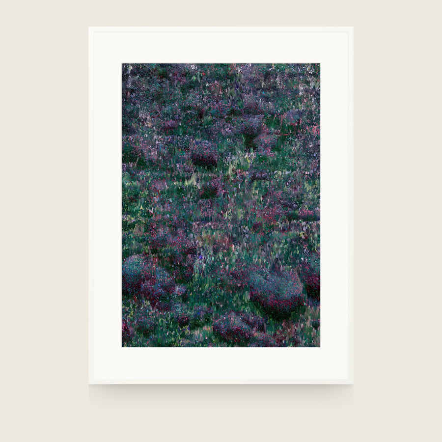 Forestry VII — Hollow. Small overlapping leaf shapes in deep green and plum, packed tightly, darker towards the top. Shown framed. Frames and mounts are not included.
