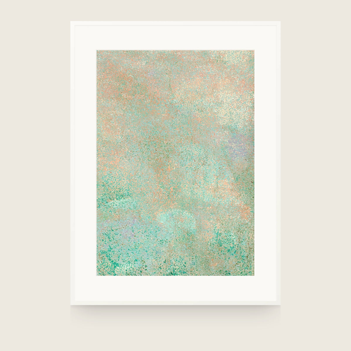 Botanics IX — Grain. A fine even texture of mint and apricot flecks, turning greener and denser at the bottom. Shown framed. Frames and mounts are not included.