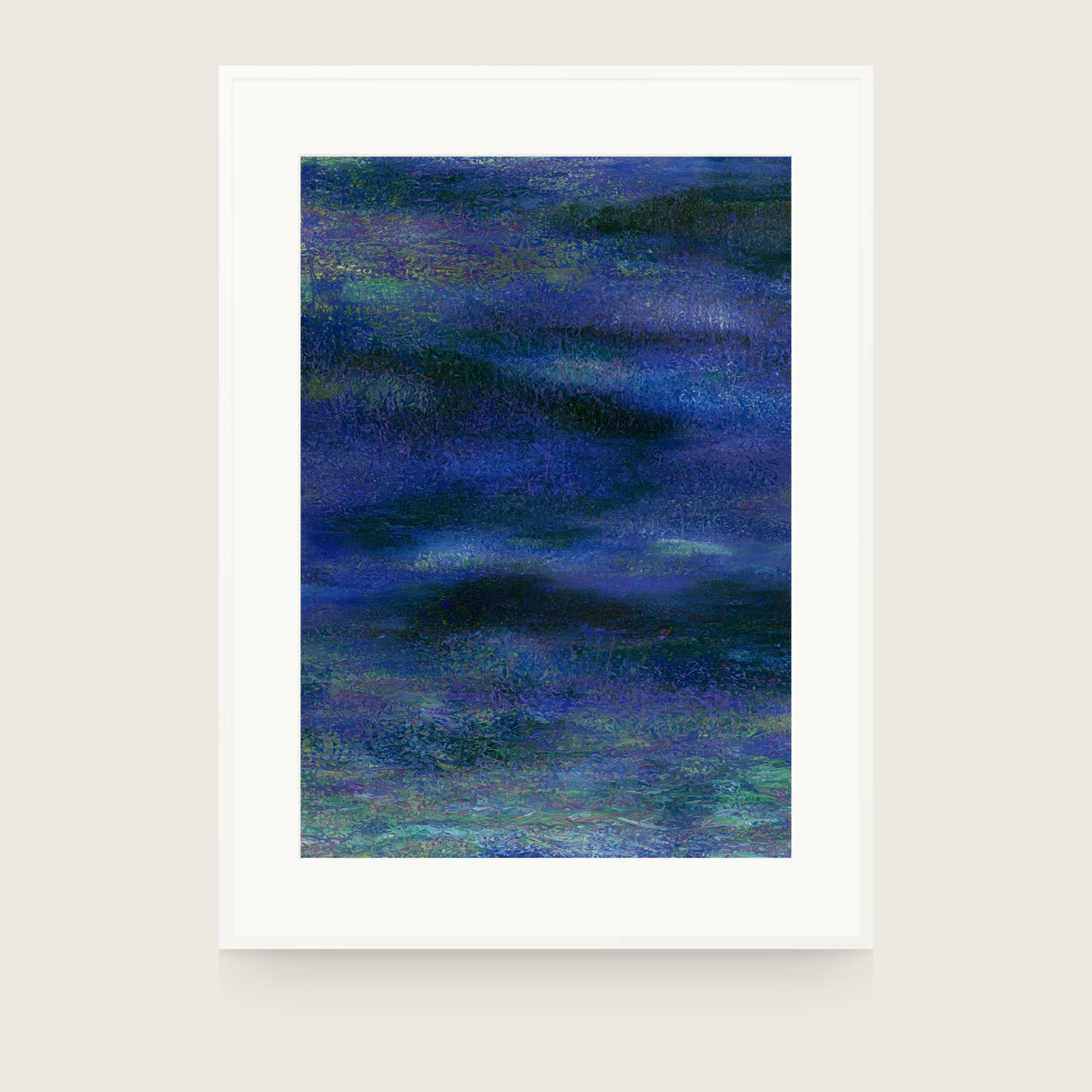 Glacier I — Swell. Horizontal bands of deep blue and violet built from small angular flecks, with green and pale blue at the top and bottom edges. Shown framed. Frames and mounts are not included.