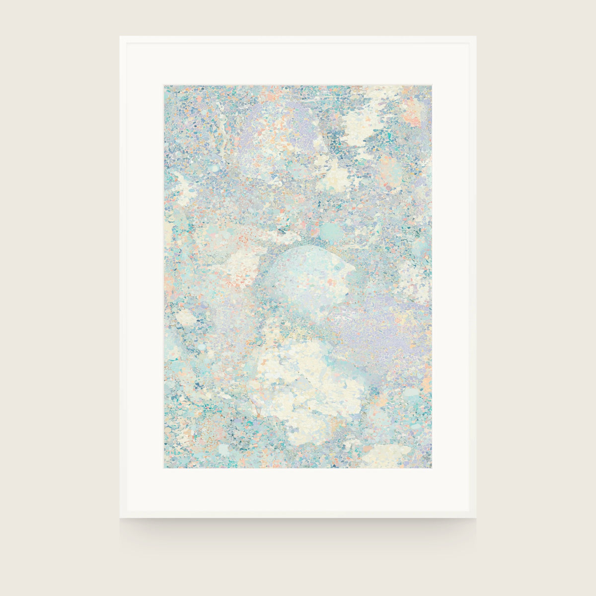 Forestry IX — Mound. Tiny pale blue and lilac fragments, with a large soft rounded form at the centre and cream masses beneath. Shown framed. Frames and mounts are not included.