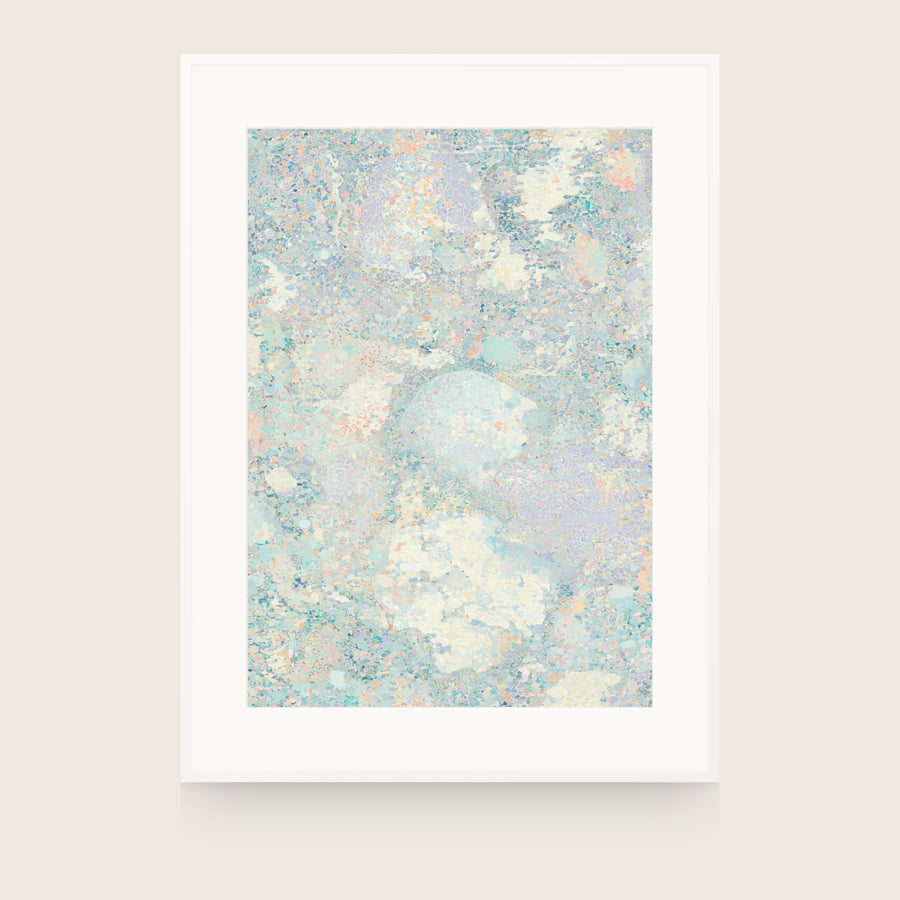 Forestry IX — Mound. Tiny pale blue and lilac fragments, with a large soft rounded form at the centre and cream masses beneath. Shown framed. Frames and mounts are not included.