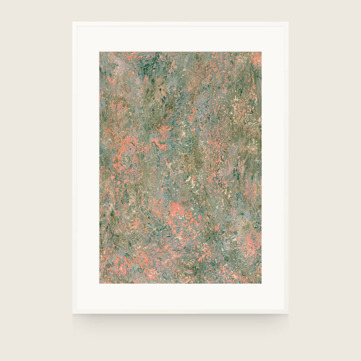 Impressions X — Weave. Abstract in grey-green with dense salmon and cream flecking in short vertical marks. Shown framed. Frames and mounts are not included.