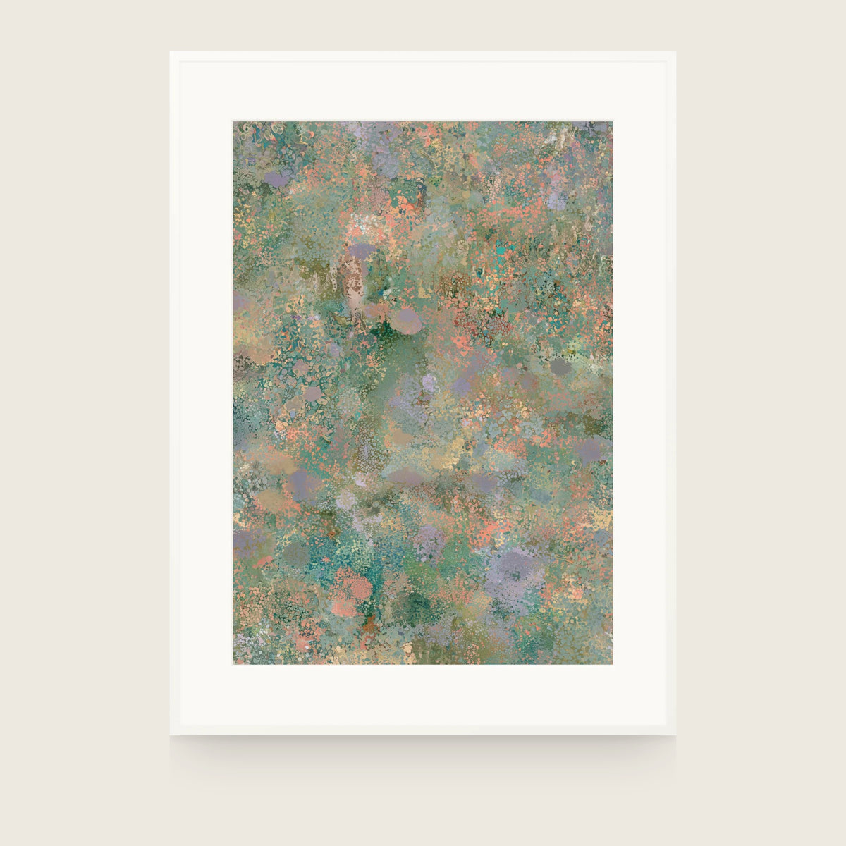 Forestry V — Bracken. Abstract sage-green field densely marked with coral, lilac and cream flecks. Shown framed. Frames and mounts are not included.