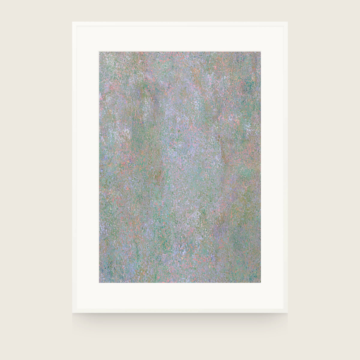 Botanics IV — Dust. Muted abstract of fine green, lilac and grey dots with small coral flecks throughout. Shown framed. Frames and mounts are not included.