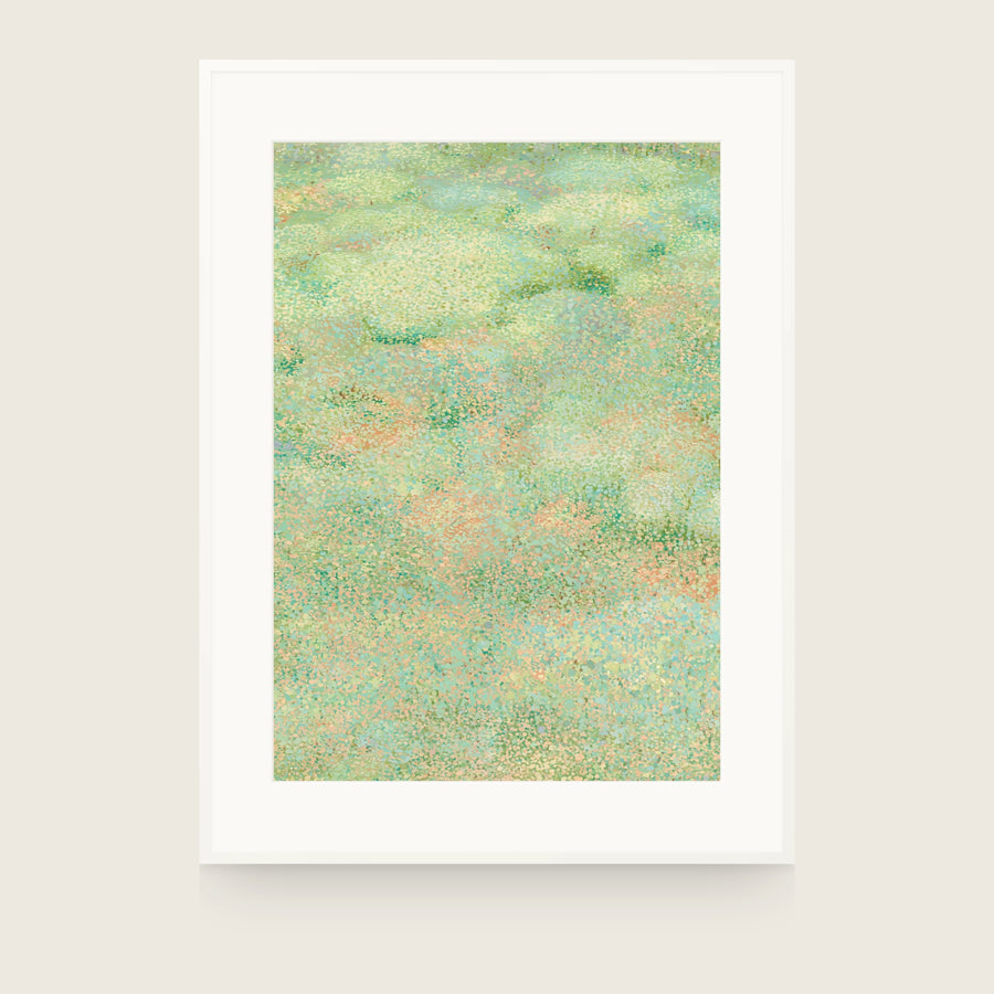 Forestry IV — Lichen. Abstract field of small green and mint dots with peach warming through and darker green near the top. Shown framed. Frames and mounts are not included.