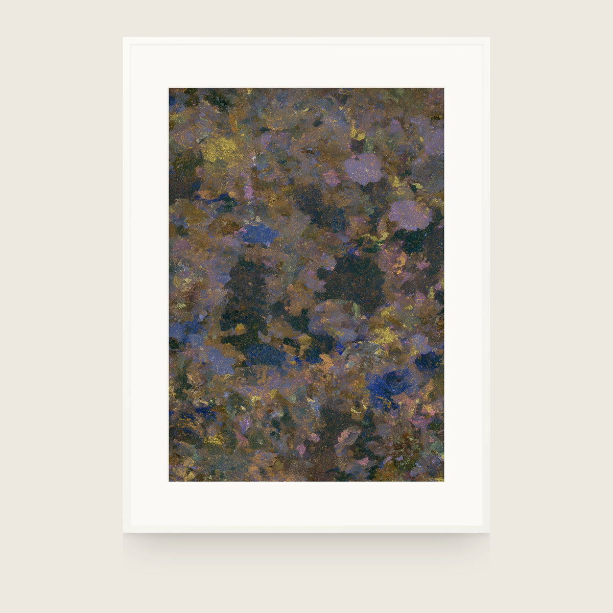 Patina VII — Olive. Mottled olive and blue-grey with gold flecks and pale rounded shapes. Shown framed. Frames and mounts are not included.