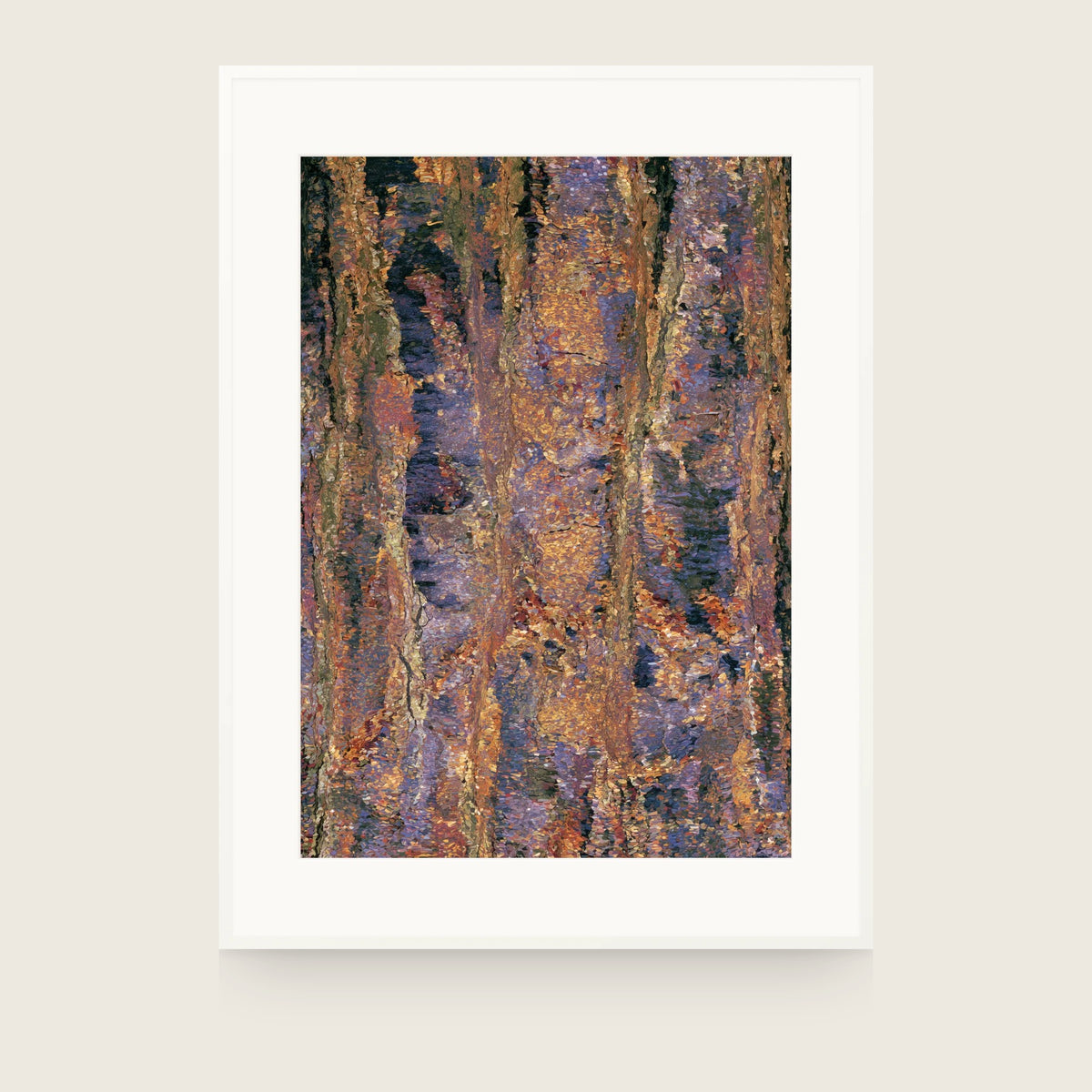Patina IV — Furrow. Vertical channels of orange and tan over blue-grey, built from small tile-like marks. Shown framed. Frames and mounts are not included.