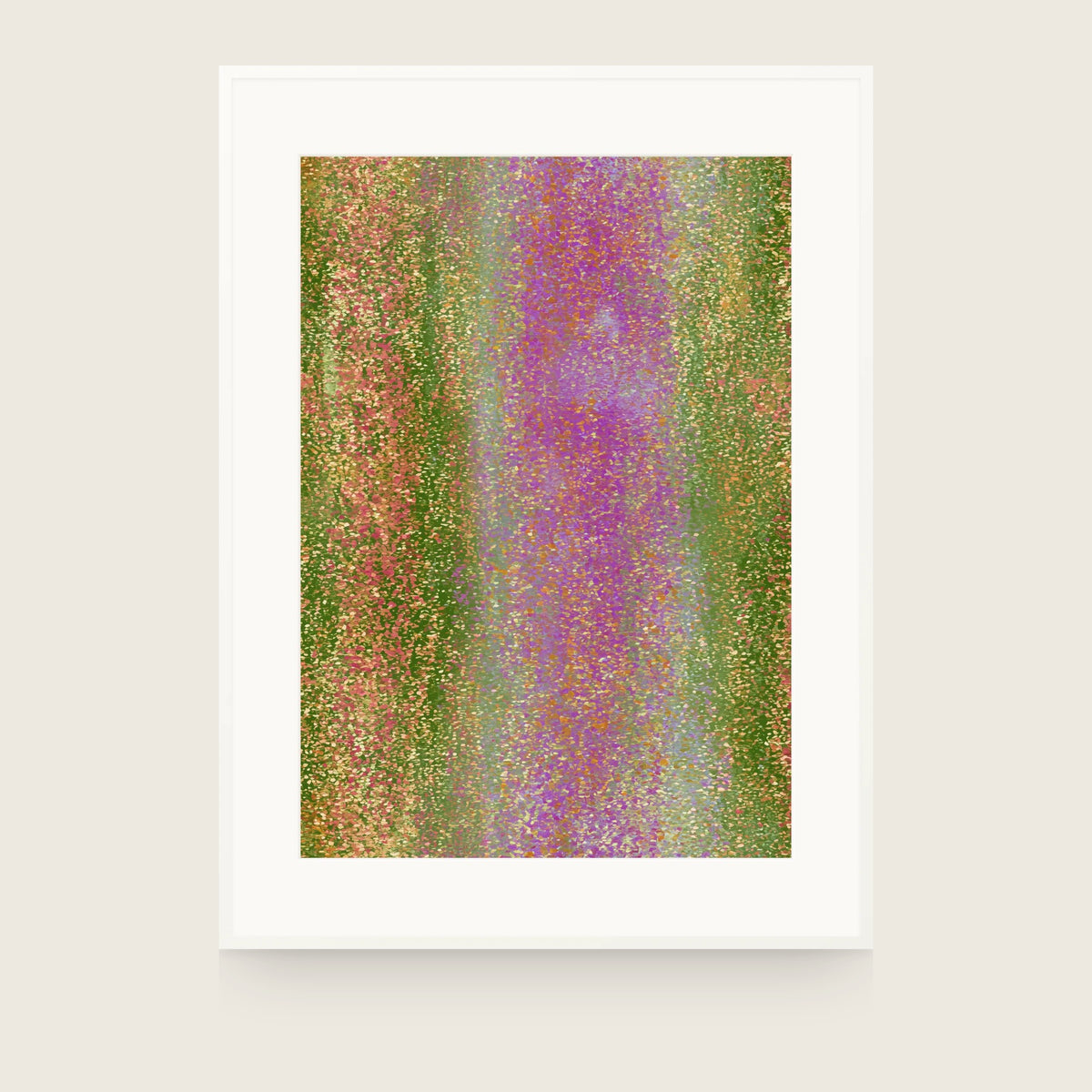 Impressions XII — Run. A magenta vertical band through the centre, flanked by olive green and coral, all finely flecked. Shown framed. Frames and mounts are not included.
