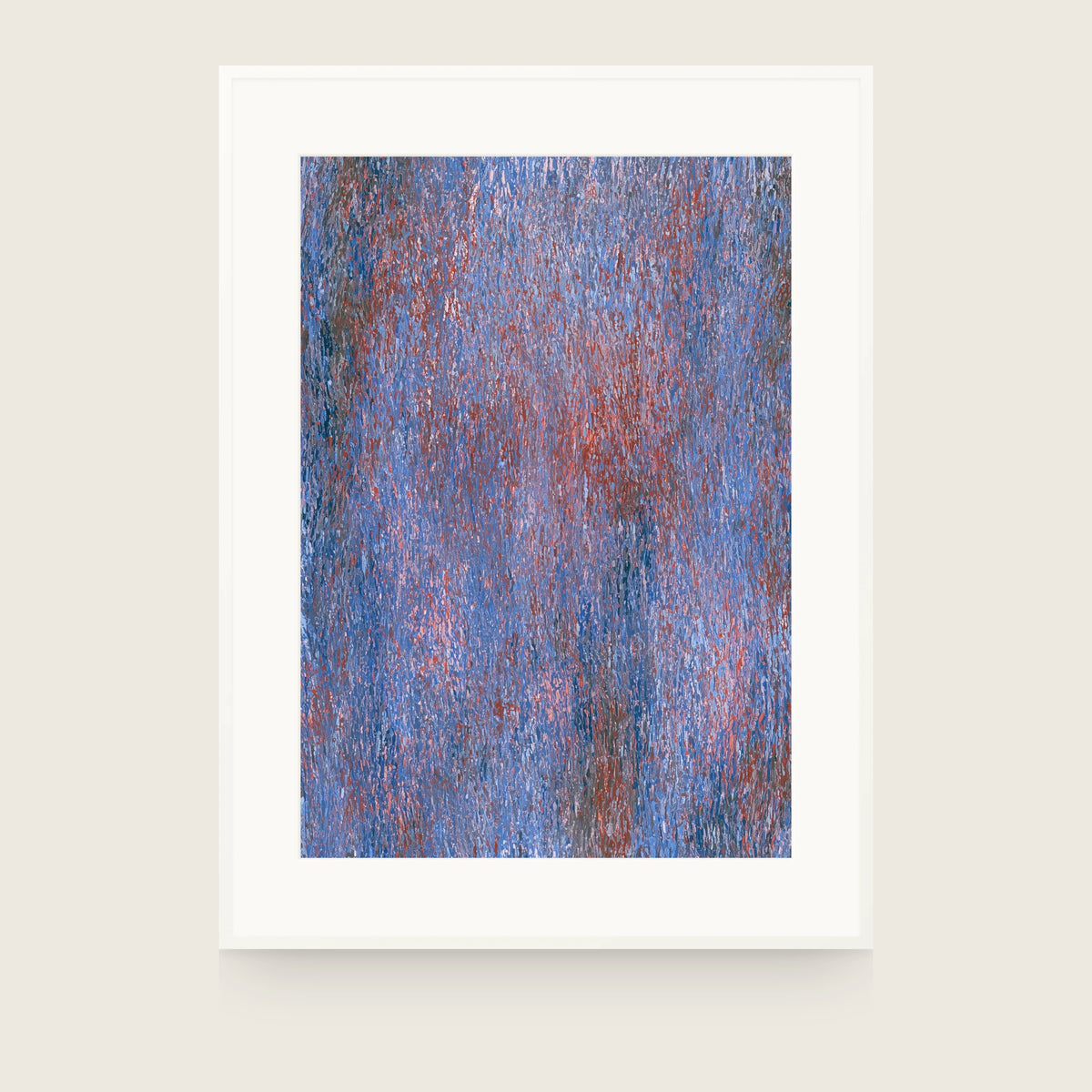 Impressions IX — Thread. Field of fine vertical blue marks with red threading through, denser towards the centre right. Shown framed. Frames and mounts are not included.