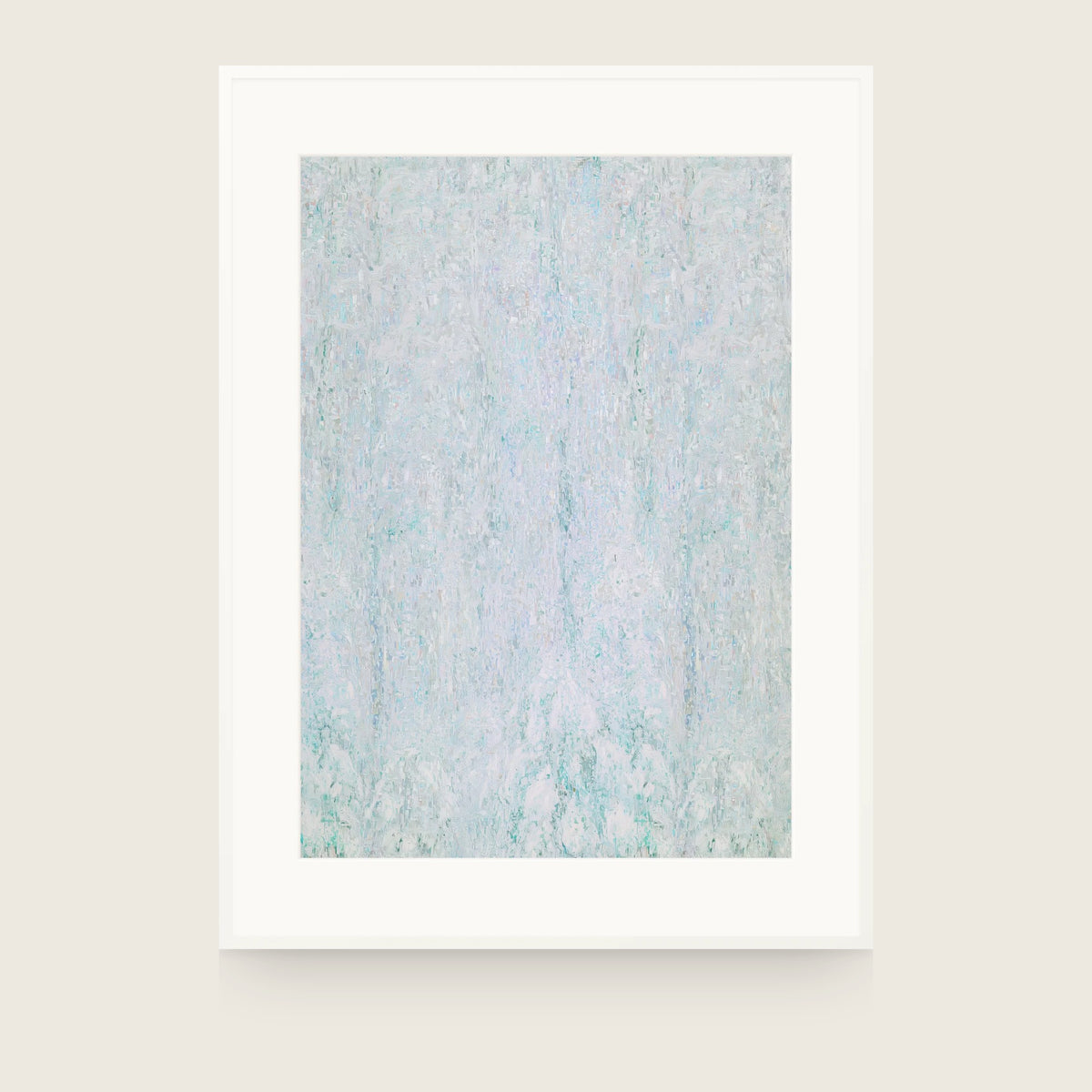 Glacier V — Veil. Almost white field of fine vertical flecks in mint, grey and faint lilac, a little denser in two columns either side of the centre. Shown framed. Frames and mounts are not included.