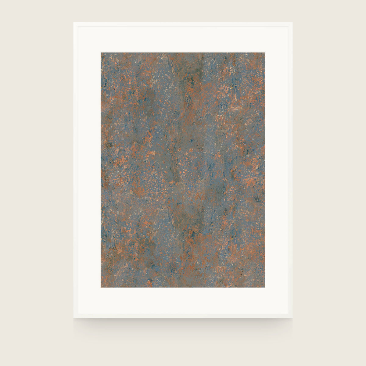 Impressions VIII — Ember. Grey-blue ground covered evenly in small orange flecks, with no lighter or darker areas. Shown framed. Frames and mounts are not included.