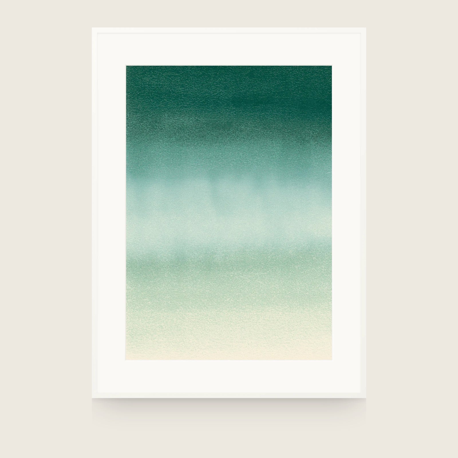 Deep green at the top grading through teal to pale cream, palest about three-fifths down with a slight return to green below. Shown framed. Frames and mounts are not included.