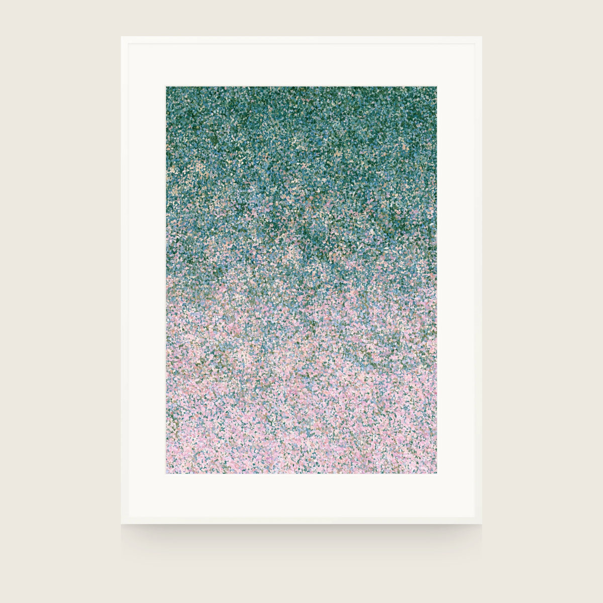 Even field of fine dots shifting from dark green at the top to pale pink at the bottom. Shown framed. Frames and mounts are not included.