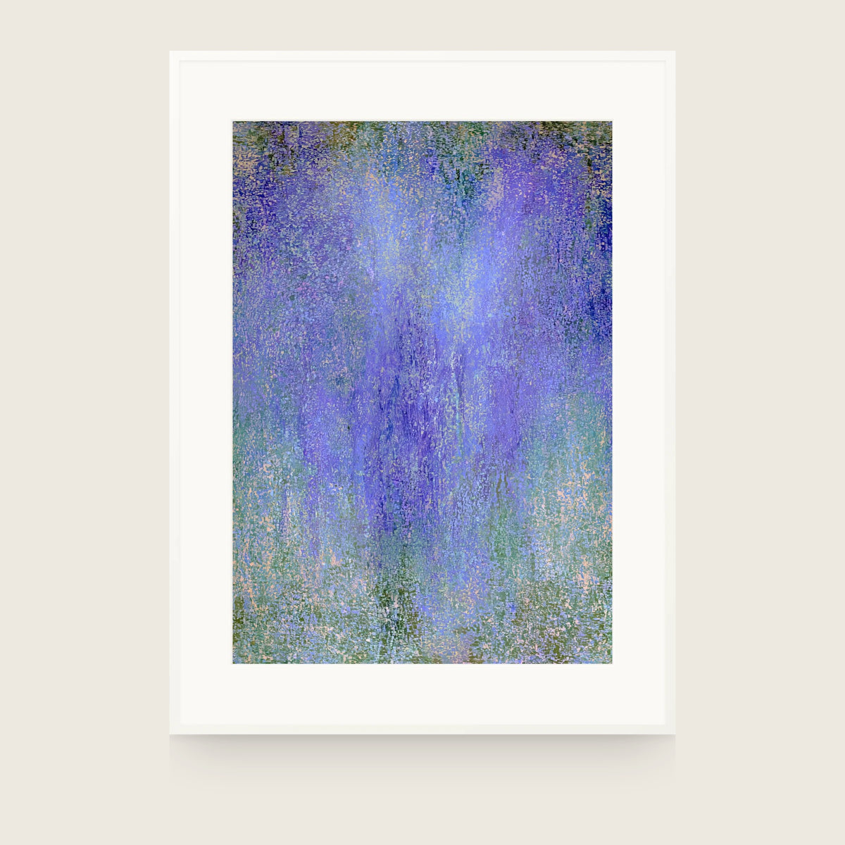 Impressions VI — Drift. Field of small flecks, violet through the centre and shifting to green and sand at the edges and lower area. Shown framed. Frames and mounts are not included.