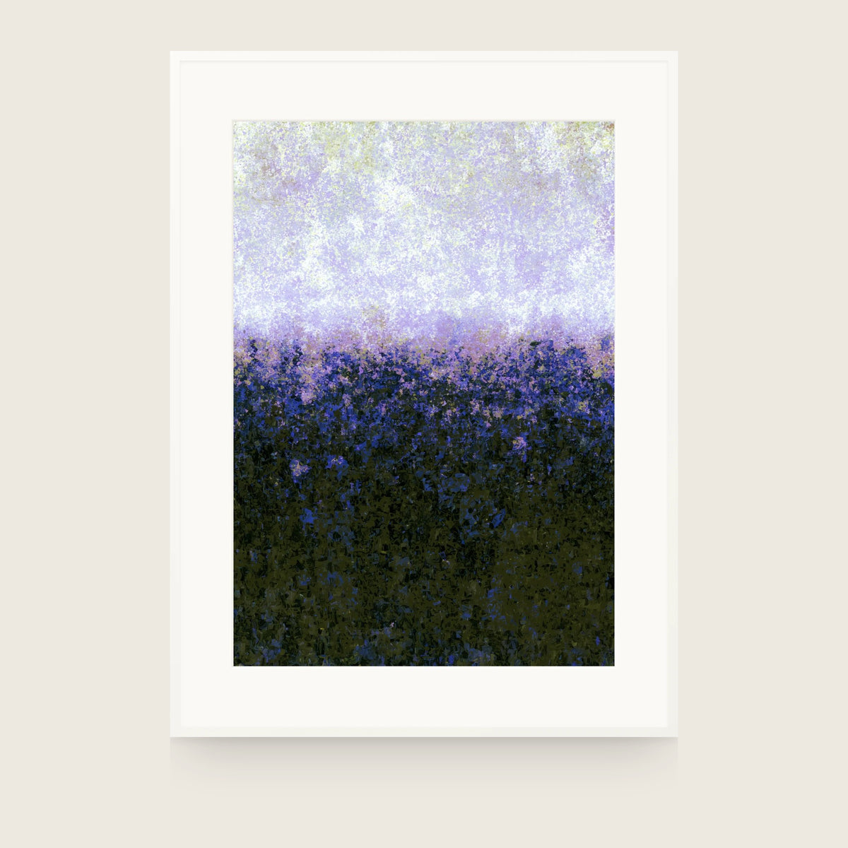 Partitions IV — Lavender. Speckle that runs from pale lilac and white at the top through violet and blue to dark olive at the bottom. Shown framed. Frames and mounts are not included.