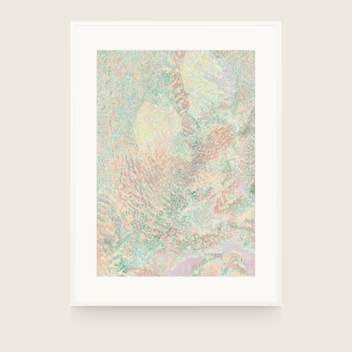 Forestry II — Haze. Pale abstract flecking in mint, apricot and cream, with a brighter yellow patch above centre. Shown framed. Frames and mounts are not included.