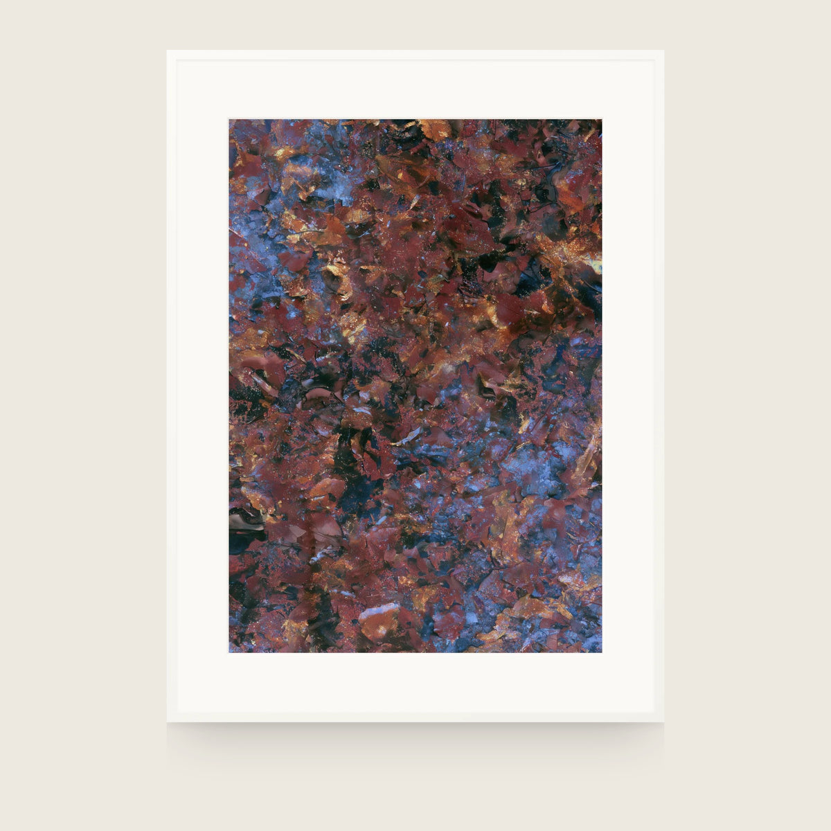 Patina XIII — Cinder. Torn rust-red and black shapes over blue-grey, scattered with gold specks. Shown framed. Frames and mounts are not included.