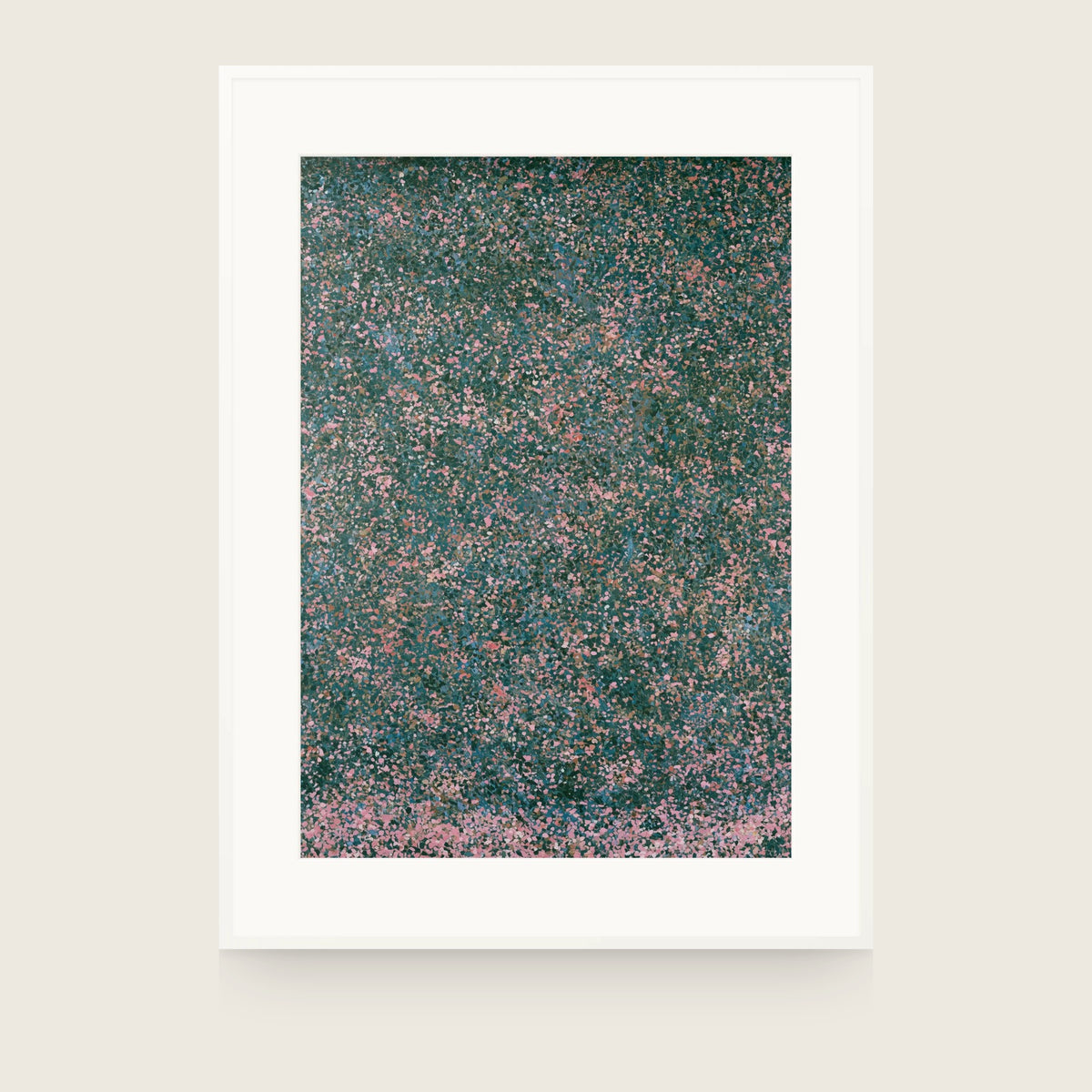 Impressions III — Undergrowth. Dense dark green dotted field with pink flecks throughout, densest along the bottom edge. Shown framed. Frames and mounts are not included.