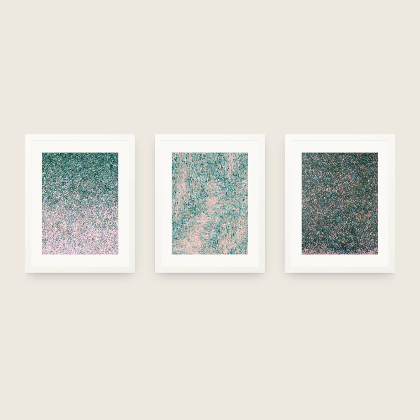 Impressions in Teal — Set of Three. Shown framed. Frames and mounts are not included.