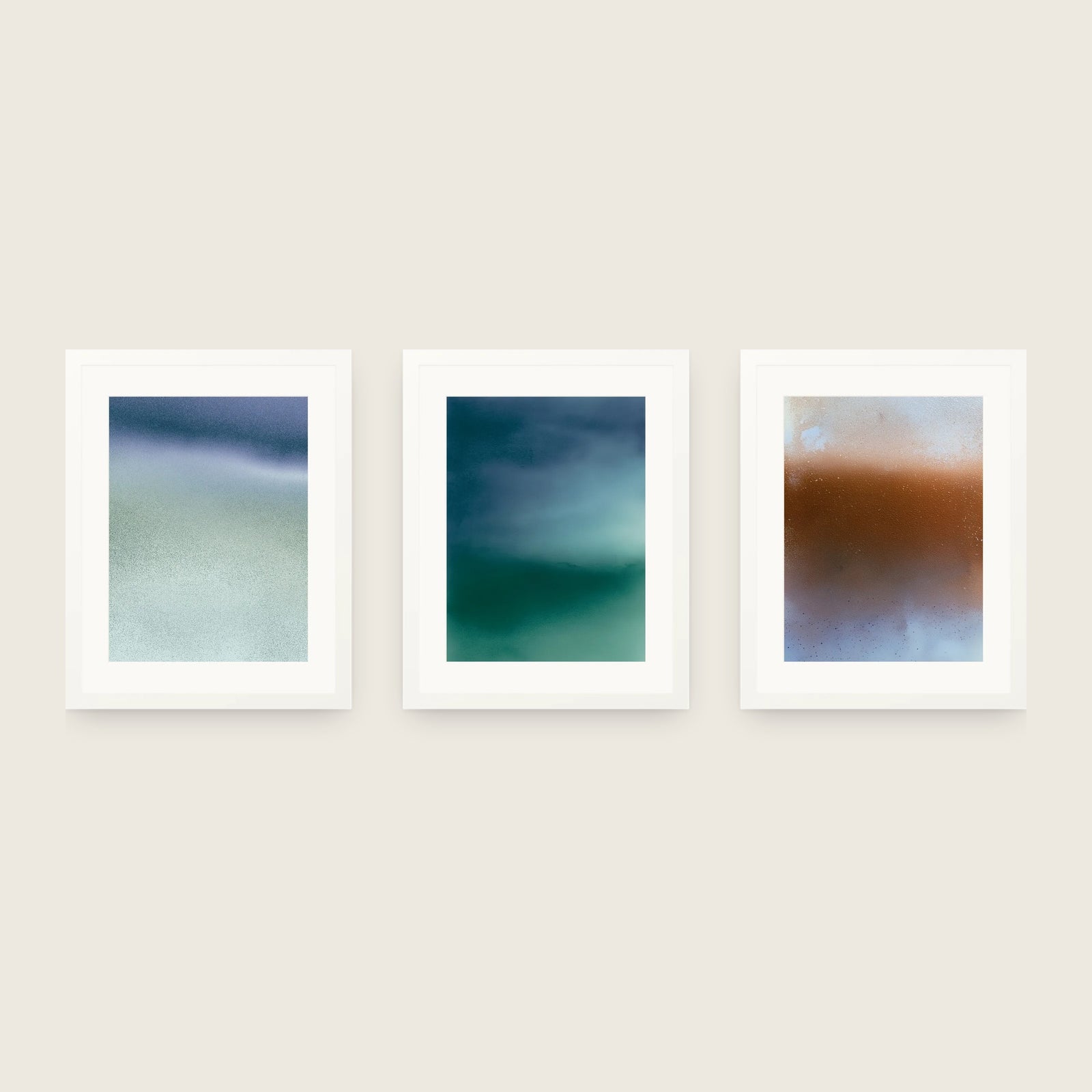 Ceramics in Warm, Teal and Blue — Set of Three. Shown framed. Frames and mounts are not included.