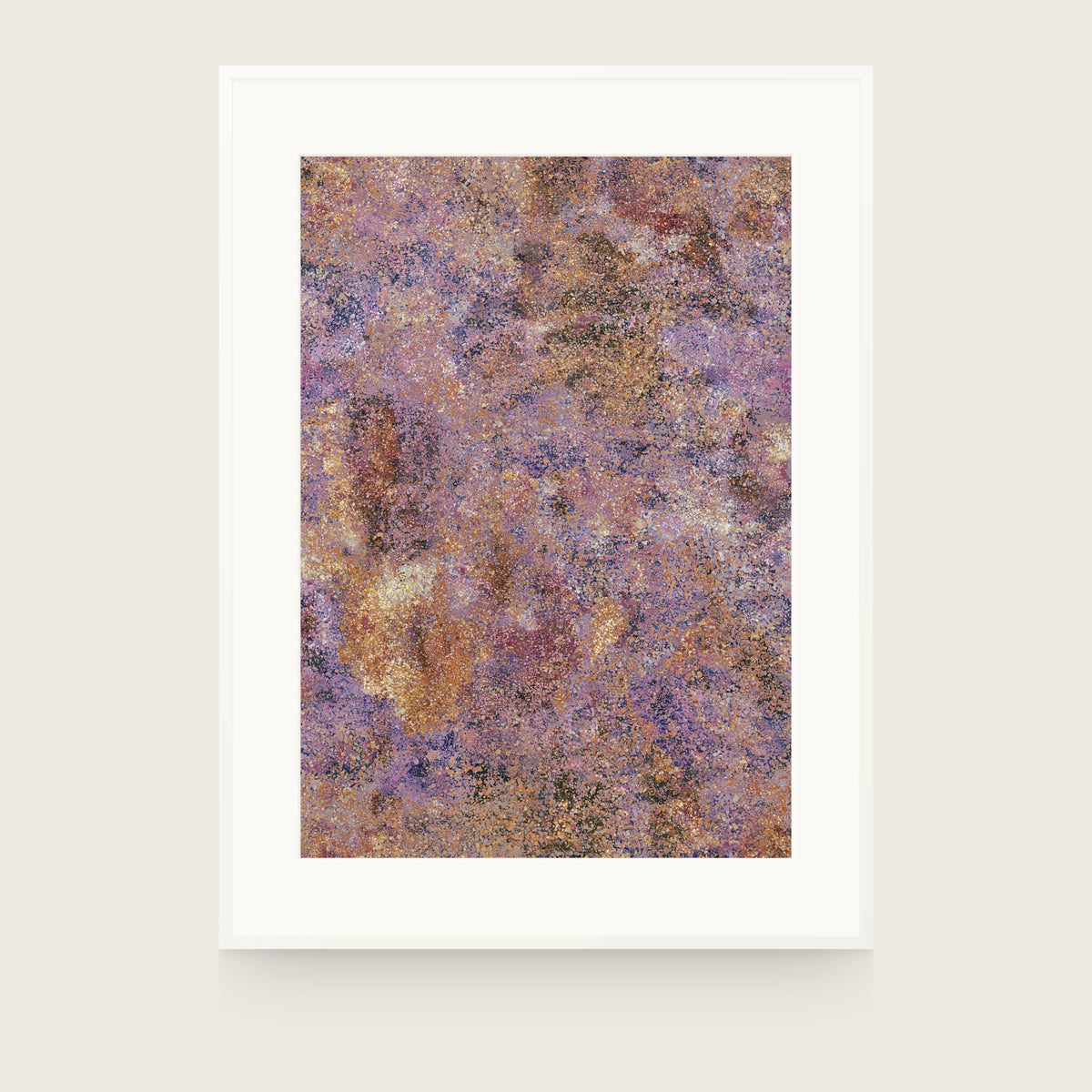 Patina I — Blush. Dense fine speckle in pink and lilac, with patches of ochre and cream showing through. Shown framed. Frames and mounts are not included.