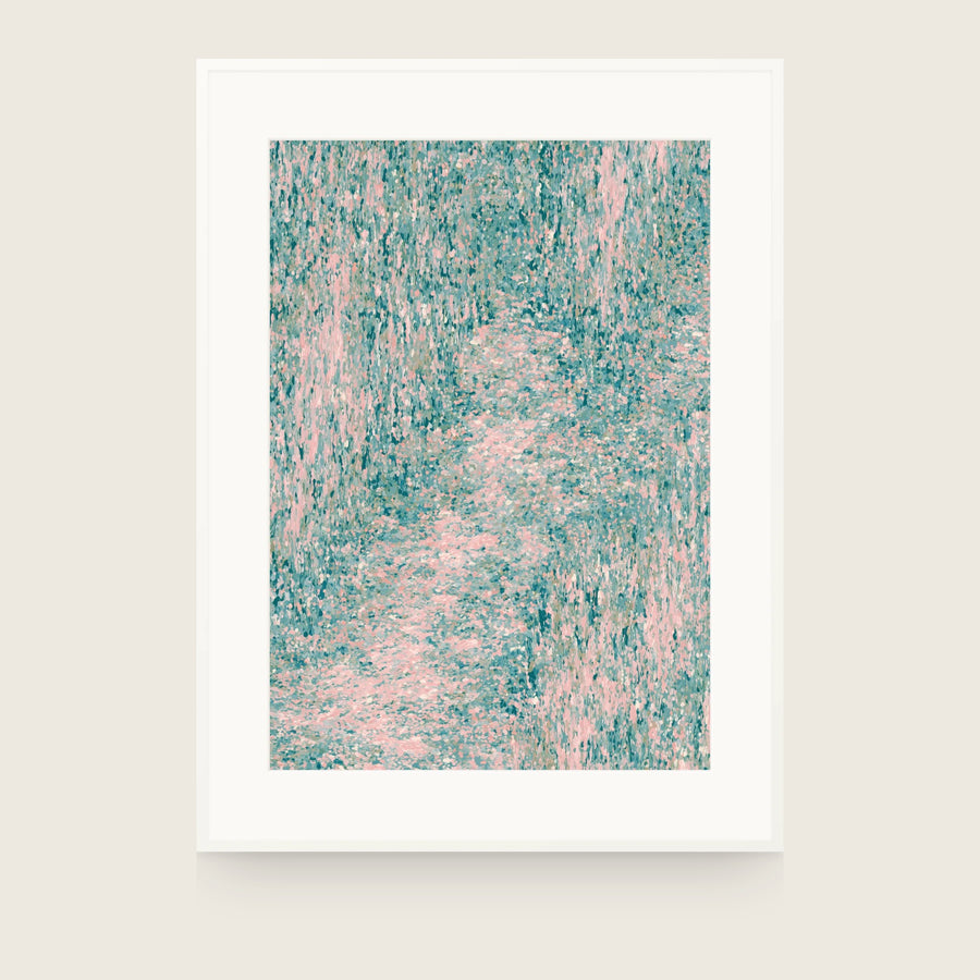 Field of pink and teal vertical streaks with a paler pink diagonal drift through the centre. Shown framed. Frames and mounts are not included.