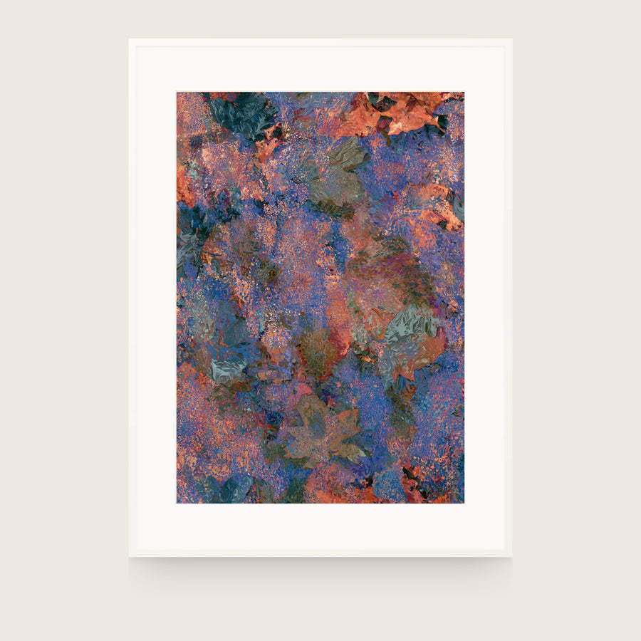 Patina X — Husk. Small broken marks of orange and blue with grey-green shapes between. Shown framed. Frames and mounts are not included.