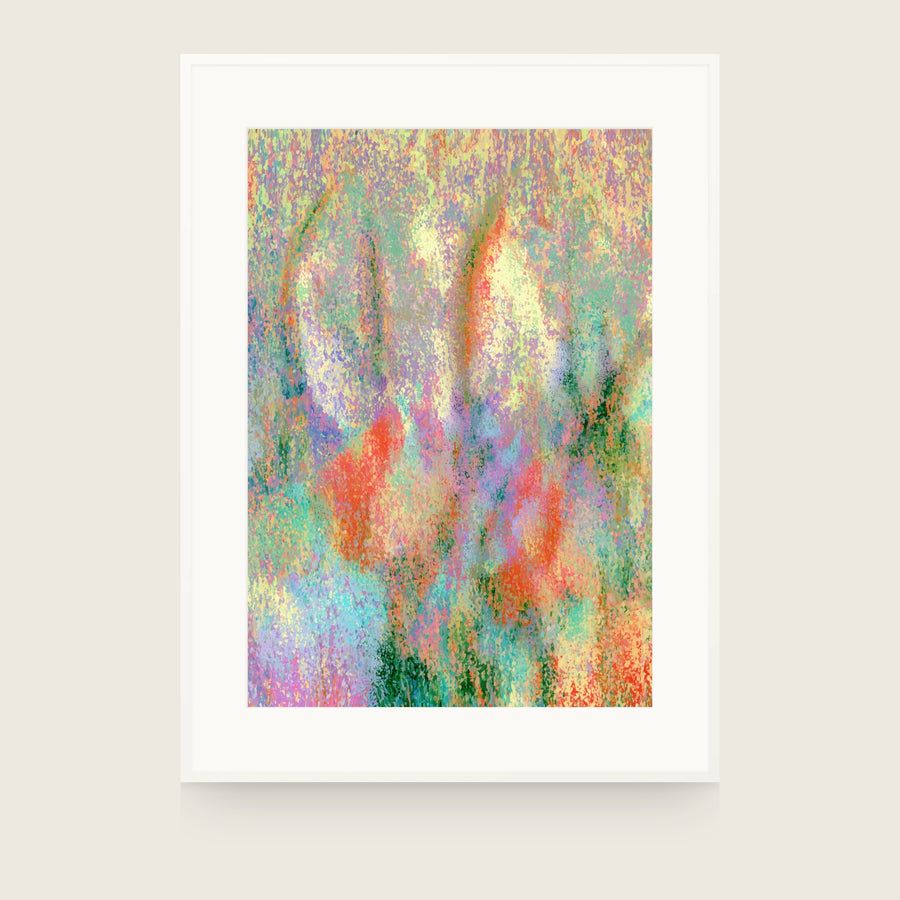 Botanics VIII — Arch. Pale speckled colour in cream, lilac and mint, with two faint arched forms above and orange marks below. Shown framed. Frames and mounts are not included.