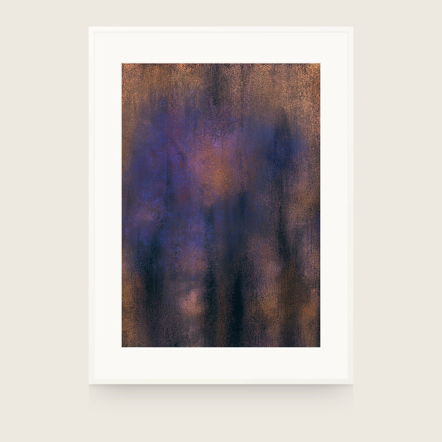 Patina VIII — Bruise. Blue-violet clouded shape on a copper ground, covered by fine vertical grain. Shown framed. Frames and mounts are not included.