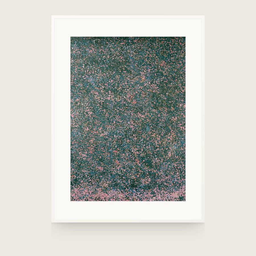 Dense dark green dotted field with pink flecks throughout, densest along the bottom edge. Shown framed. Frames and mounts are not included.