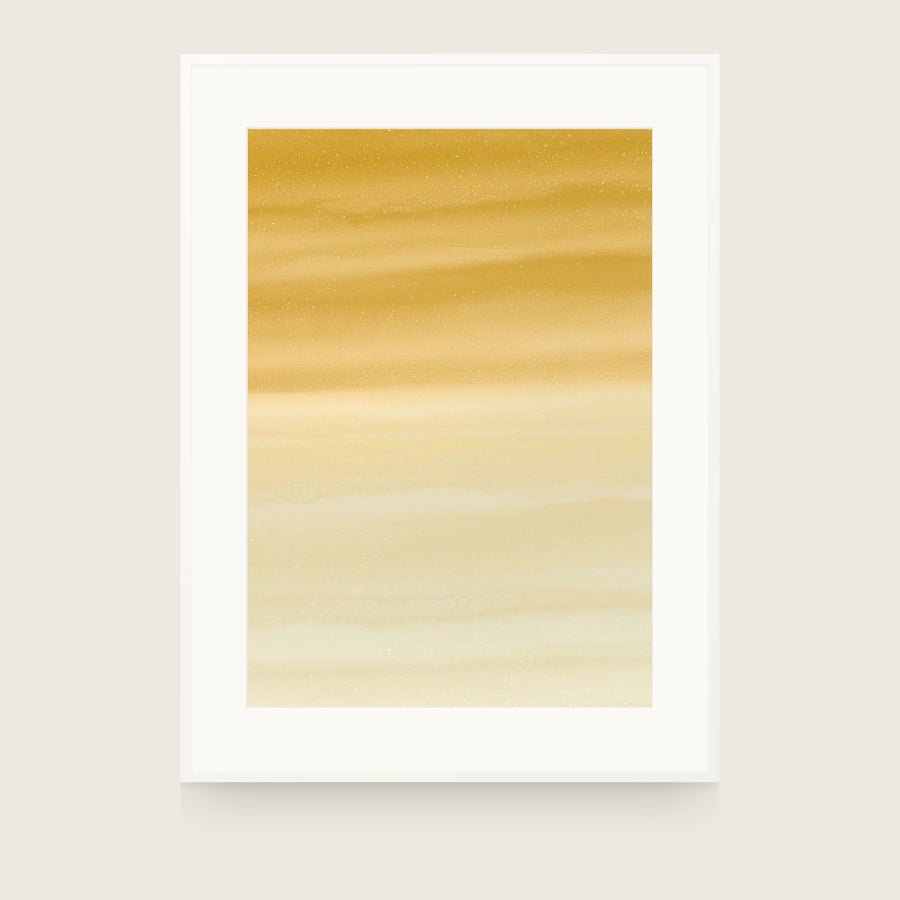 Ceramics XIII — Amber. Ochre across the top breaking into long horizontal drifts and thinning to near-white at the bottom. Shown framed. Frames and mounts are not included.