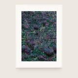 Forestry VII — Hollow. Small overlapping leaf shapes in deep green and plum, packed tightly, darker towards the top. Shown framed. Frames and mounts are not included.