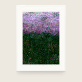 Partitions III — Hedge. Loose marks in lilac and pink across the upper half, dense deep green across the lower half with scattered pink flecks. Shown framed. Frames and mounts are not included.