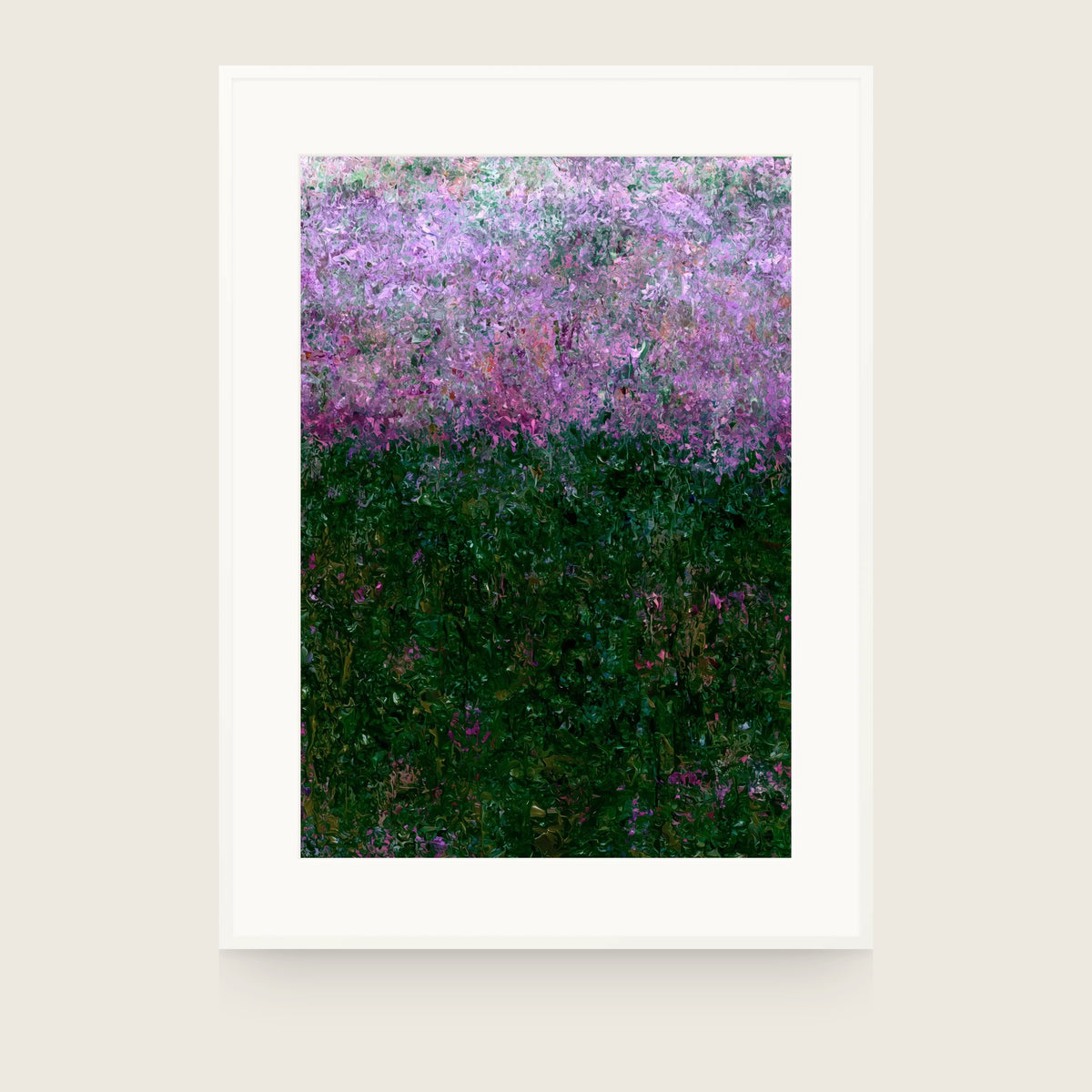 Partitions III — Hedge. Loose marks in lilac and pink across the upper half, dense deep green across the lower half with scattered pink flecks. Shown framed. Frames and mounts are not included.