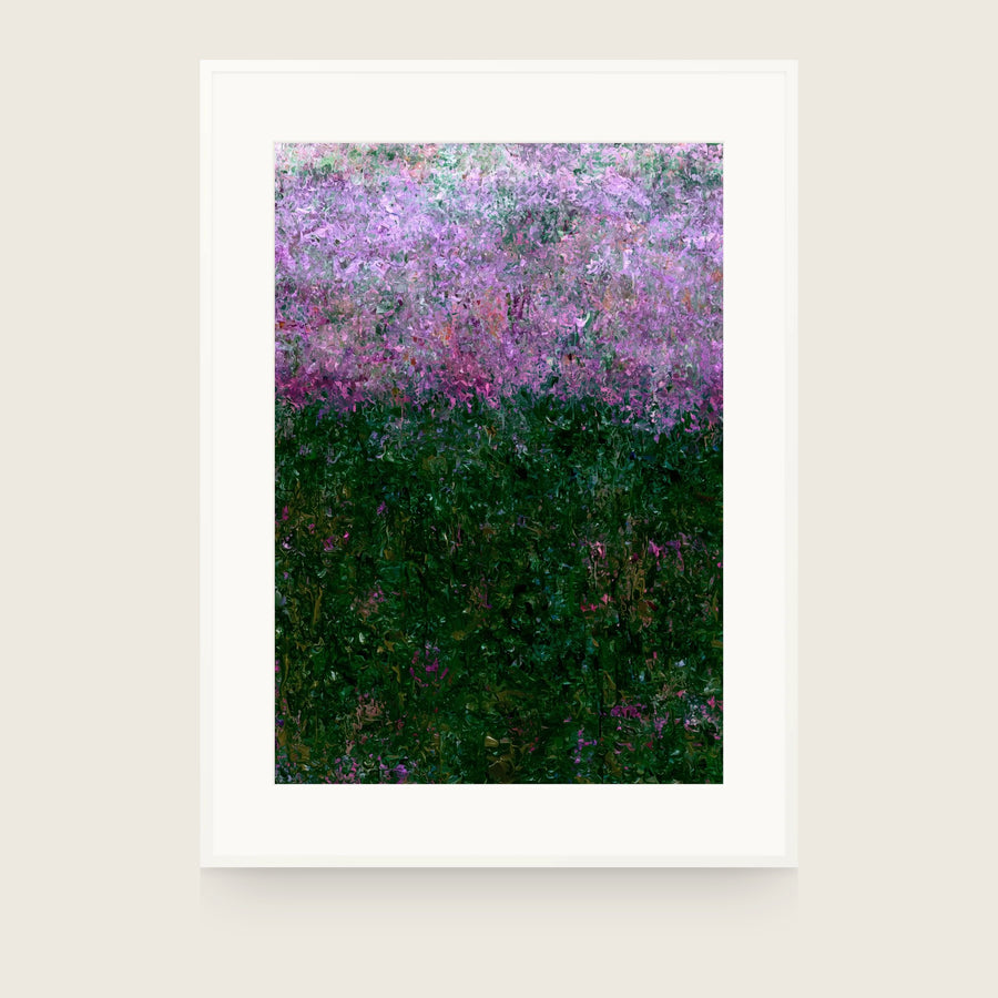 Partitions III — Hedge. Loose marks in lilac and pink across the upper half, dense deep green across the lower half with scattered pink flecks. Shown framed. Frames and mounts are not included.