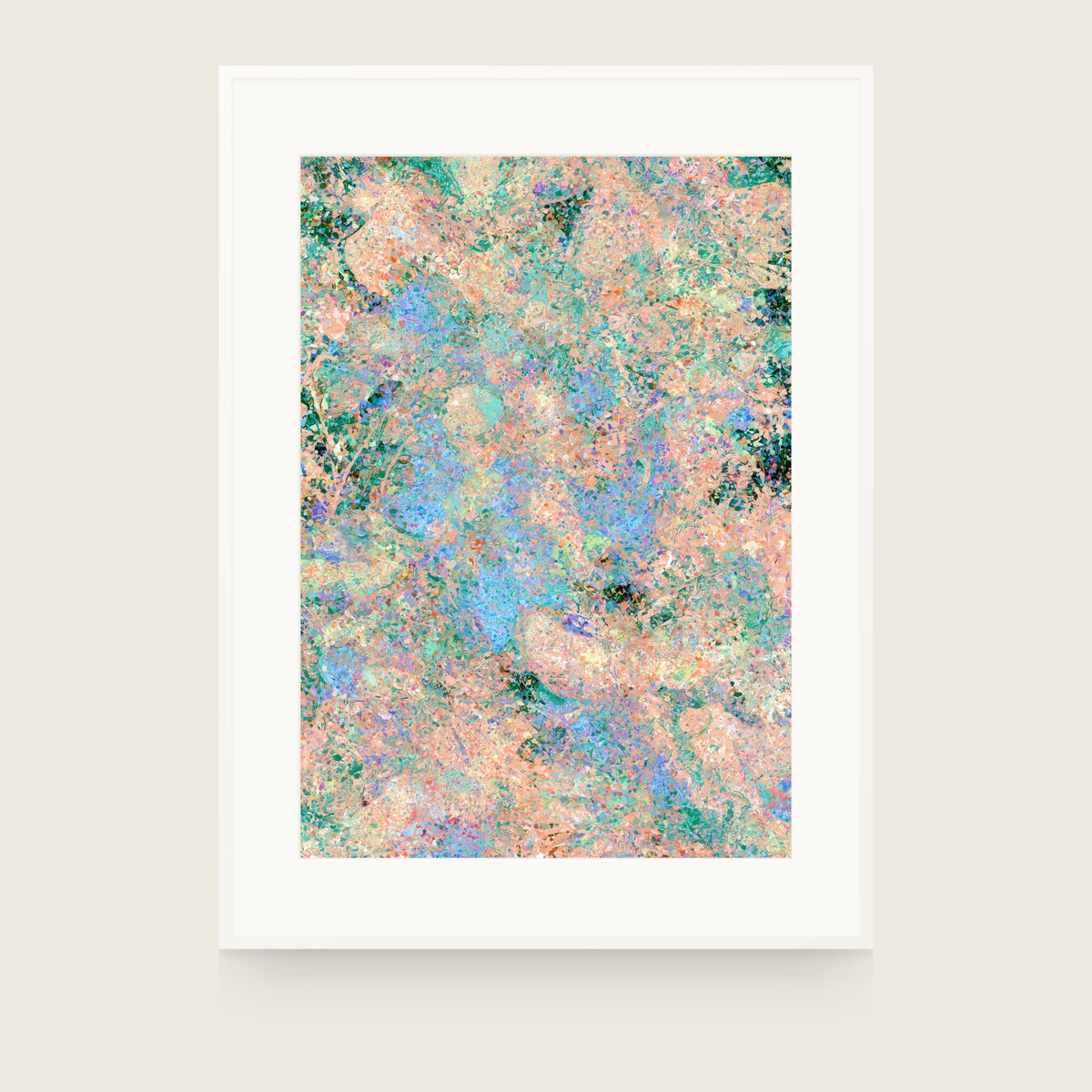 Botanics X — Coral. Peach and aqua broken into small fragments, with dark green masses at the edges and blue through the centre. Shown framed. Frames and mounts are not included.