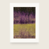 Partitions I — Divide. Dense small flecks in violet over near-black in the upper half, and olive gold flecks in the lower half, meeting in a soft line below the middle. Shown framed. Frames and mounts are not included.