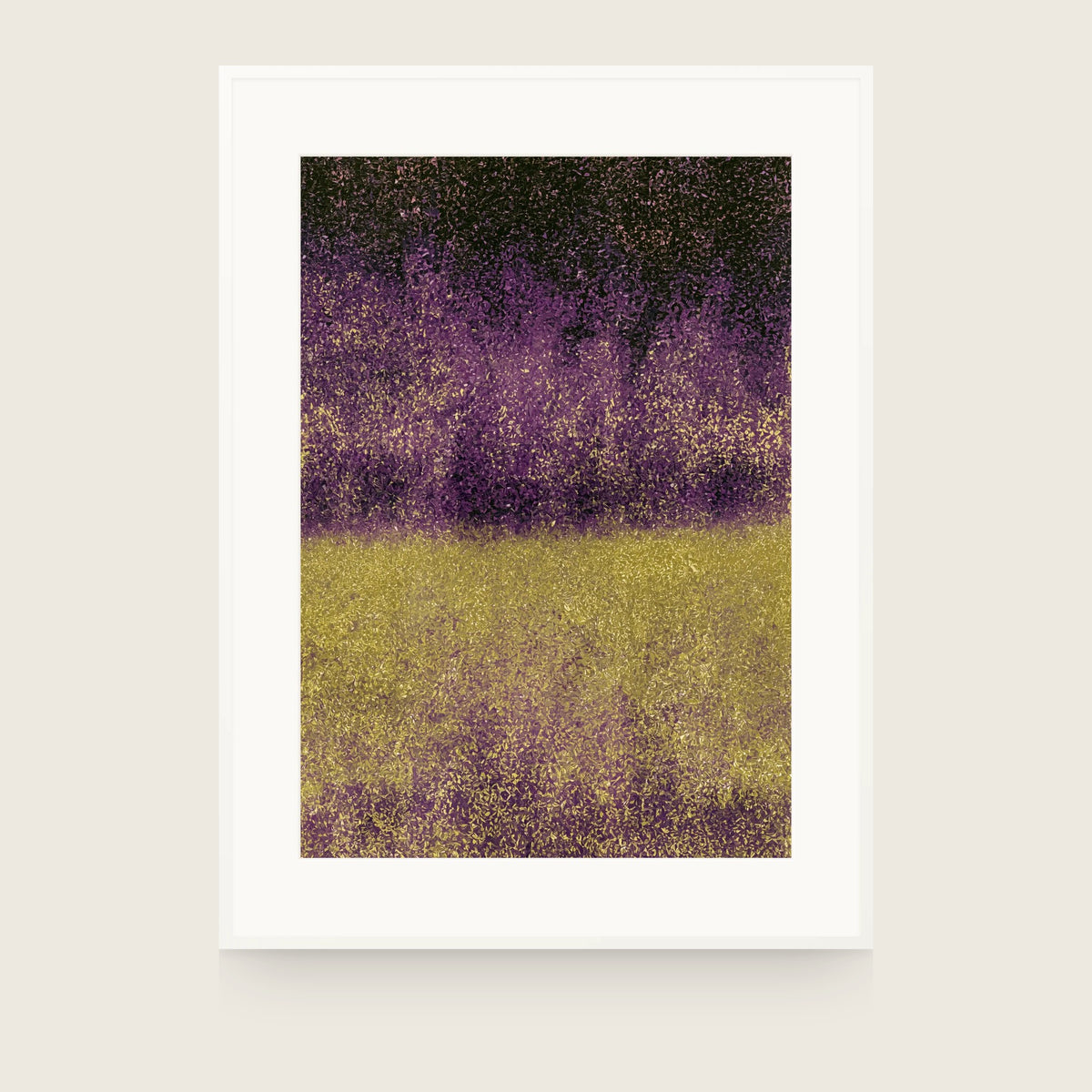 Partitions I — Divide. Dense small flecks in violet over near-black in the upper half, and olive gold flecks in the lower half, meeting in a soft line below the middle. Shown framed. Frames and mounts are not included.