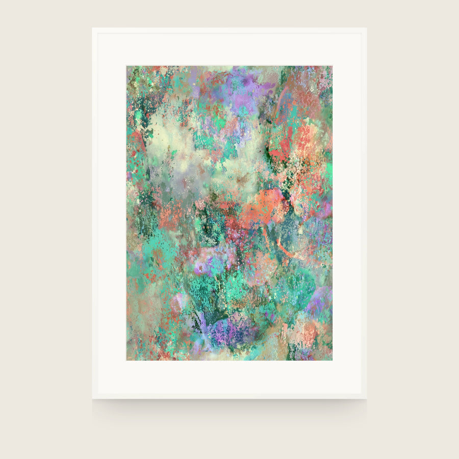 Botanics VII — Patch. Dense flecks of coral, mint and teal across the sheet, with paler open areas towards the upper left. Shown framed. Frames and mounts are not included.